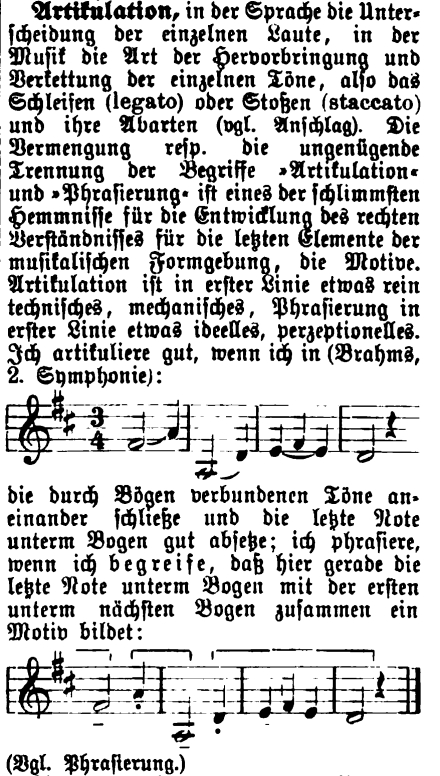 Riemann Musik Lexikon 1909, Artikulation